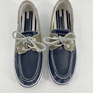 Sperry Topsider Grey Blue Cotton Canvas Leather Laces Boat Shoe Preppy Old Money